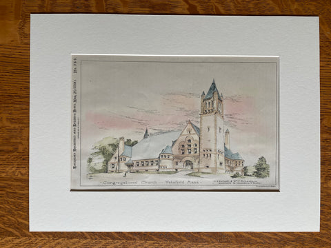 Congregational Church, Wakefield, MA, 1890, Original Hand Colored -