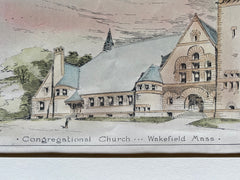 Congregational Church, Wakefield, MA, 1890, Original Hand Colored -