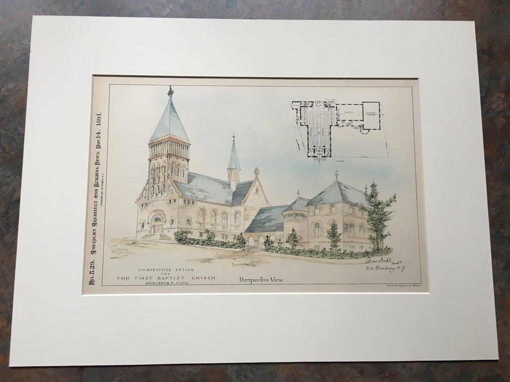 First Baptist Church, Bridgeport, CT, 1891, A Dehle, Original Hand Colored *