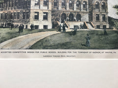 Public School Building, Radnor, Wayne, PA, 1897, L V Boyd, Original Hand Colored *