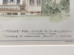 House, Judge G D Alden, Middleboro, MA, 1897, Original Hand Colored *