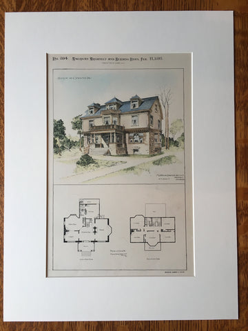 House at Cynwyd, PA, 1893, Minerva Parker & Nichols, Hand Colored Original *