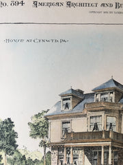 House at Cynwyd, PA, 1893, Minerva Parker & Nichols, Hand Colored Original *