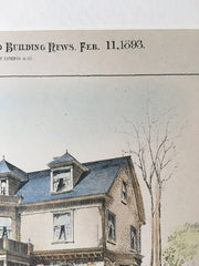 House at Cynwyd, PA, 1893, Minerva Parker & Nichols, Hand Colored Original *