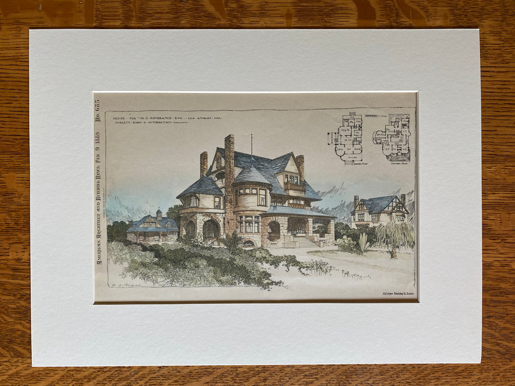 Severance House, Los Angeles, CA, 1889, Hand Colored Original -