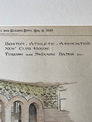 Boston Athletic Club House Turkish Baths, 1889, J Sturgis, Hand Colored Original -