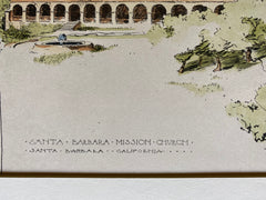 Santa Barbara Mission Church, California, 1889, Original Hand Colored -