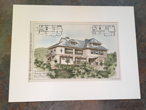 House, Wellesley Hills, MA, 1893, Warren A Rodman, Original Hand Colored *