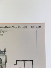 Bachelor Apartments, Willow Street, Boston, MA, 1893, Original Hand Colored *