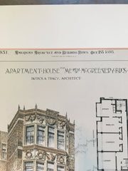 Apartment House for McGreenery Bros., Boston, MA, 1893, Original Hand Colored *