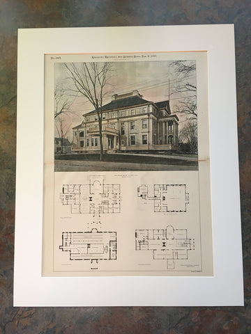 New House for the Newton Club, Newton, MA, 1893, Original Hand Colored *