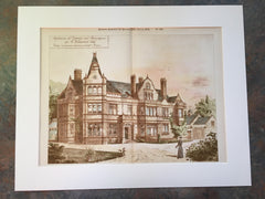 Residence for F Broomhall, Moseley, Birmingham, 1893, Original Hand Colored *