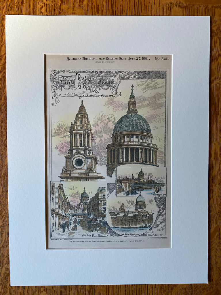 St Paul's Cathedral, London, England, 1891, Sir C Wren, Original Hand Colored -
