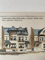 Jarvis Jennings Houses, Detroit, MI, 1891, Hess & Raseman, Original Hand Colored -