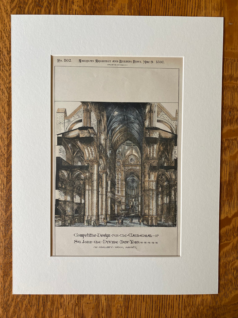 Cathedral of St John the Divine, Interior, NY, 1891, Original Hand Colored -