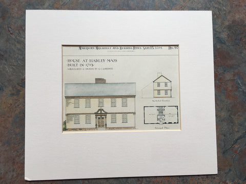 House at Hadley, Massachusetts, 1713, drawing publ. 1894, Original Hand Colored *
