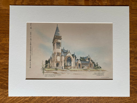 First Presbyterian Church, West Pittston, PA, 1890, Hand Colored Original -