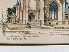 First Presbyterian Church, West Pittston, PA, 1890, Hand Colored Original -
