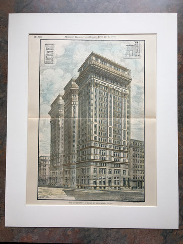 Skyscraper by John Moser, Washington DC, 1894, Original Hand Colored *