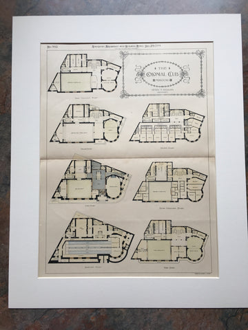 Colonial Club Plans, New York, NY, 1894, Henry Kilburn, Original Hand Colored *