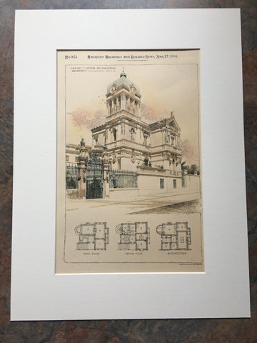 House of Senor De Saracibar, Salamanca, Spain, 1894, Hand Colored Original -