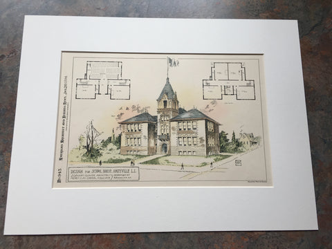 School House, Amityville, LI, NY, 1894, J Graham Glover, Hand Colored Original -