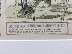School House, Amityville, LI, NY, 1894, J Graham Glover, Hand Colored Original -