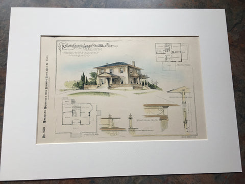 W Henry Walker Residence, Kenilworth, NJ, 1894, Hand Colored Original -