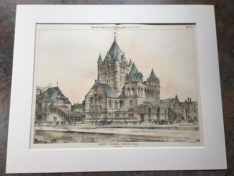 Trinity Church, Boston, MA, 1894, H Hobson Richardson, Hand Colored Original -