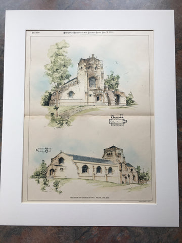 Churches by W L Welton, Lynn, MA, 1894, Hand Colored Original -