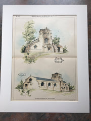Churches by W L Welton, Lynn, MA, 1894, Hand Colored Original -