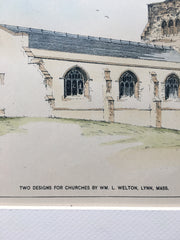 Churches by W L Welton, Lynn, MA, 1894, Hand Colored Original -