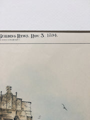 Churches by W L Welton, Lynn, MA, 1894, Hand Colored Original -