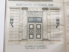 Merchants National Bank, Entrance, New Bedford, MA, 1894, Hand Colored Original -