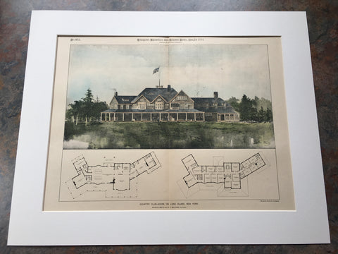 Country Club House, Long Island, NY, 1894, Hand Colored Original *
