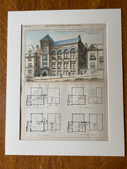 Worcester Free Public Library, MA, 1890, Stephen Earle, Hand Colored Original -