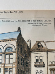 Worcester Free Public Library, MA, 1890, Stephen Earle, Hand Colored Original -