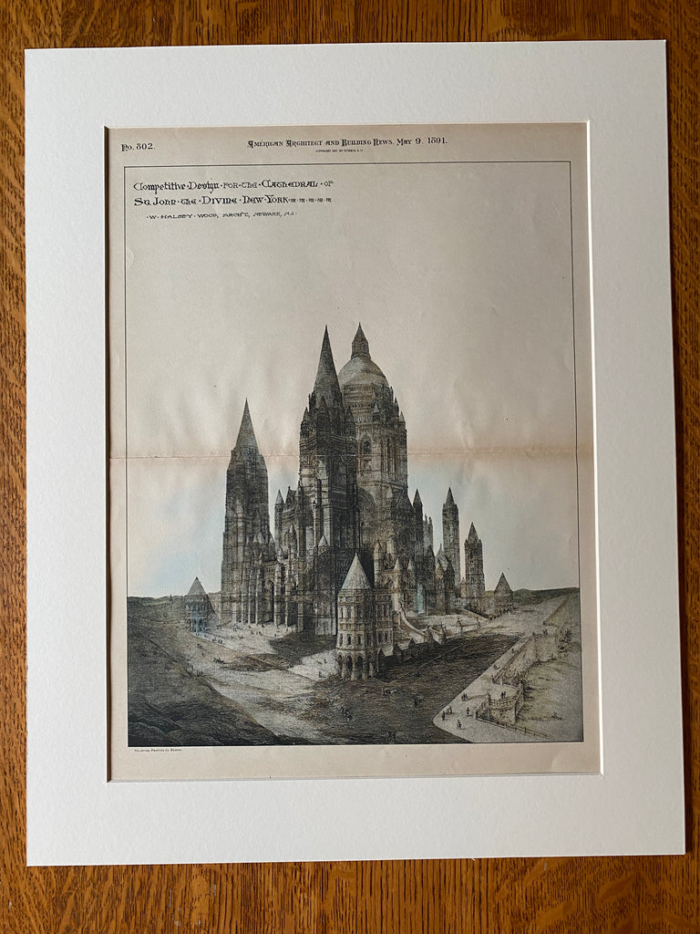 St John Divine Cathedral, New York, 1891, W Halsey Wood, Hand Colored Original -