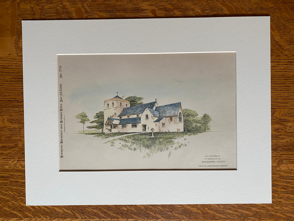 Church, Berkshire County, MA, 1890, Cram & Wentworth, Hand Colored Original -