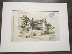 Suburban Residence, Cambridge, MA, 1895, C H McGlare, Original, Hand Colored -