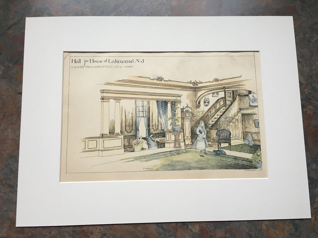 Hall for House at Lakewood, NJ, 1895, E G W Dietrich, Original, Hand Colored -