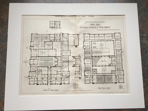 West Ham Technical Institute & Library, Plans, West Ham, England, UK, 1895, Original, Hand Colored -