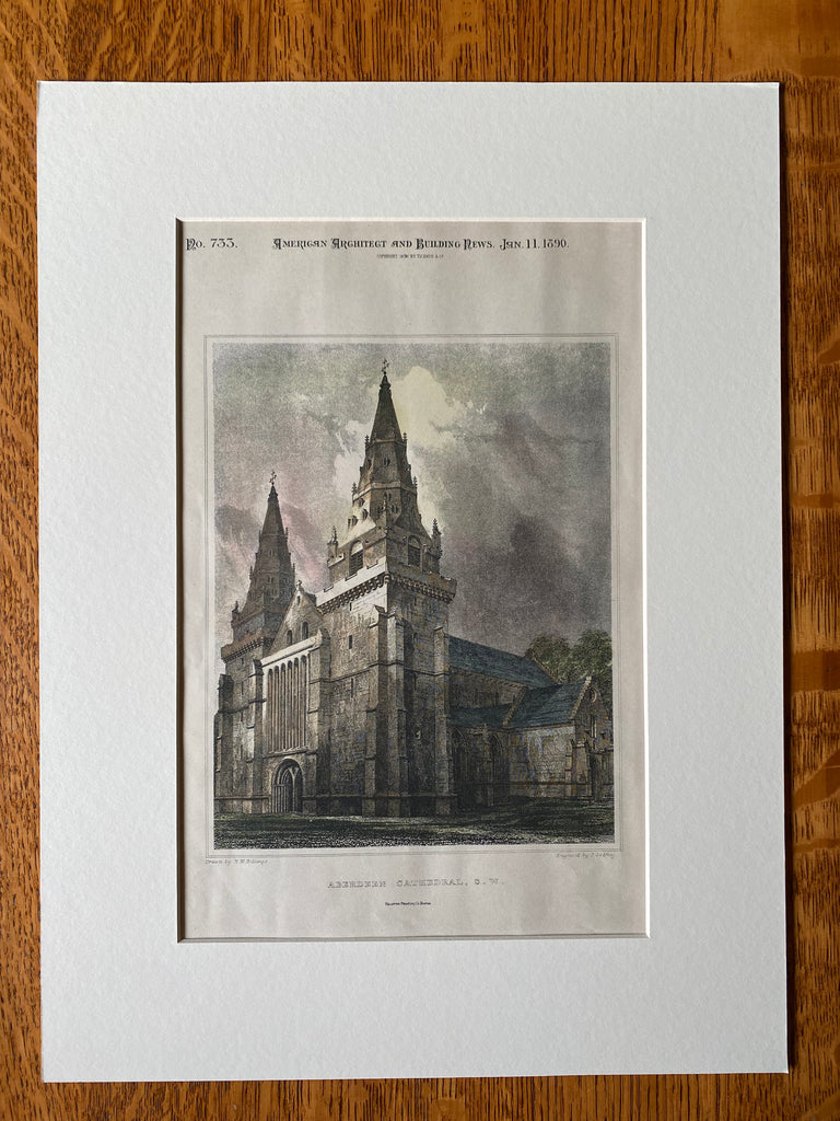 Aberdeen Cathedral, Southwest View, Scotland, 1890, Original Plan Hand Colored -