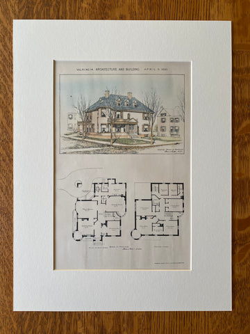 House at Portland, Maine, 1890, Stevens & Cobb, Original Hand Colored -