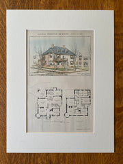 House at Portland, Maine, 1890, Stevens & Cobb, Original Hand Colored -