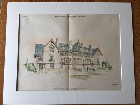 Dana Estes Estes, Stone Terrace, Brookline, MA, 1895, Original Hand Colored -