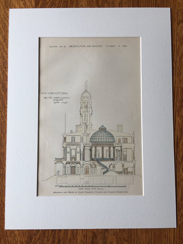 New York City Hall, Sections, 1895, Pilcher & Lum, Hand Colored Original -