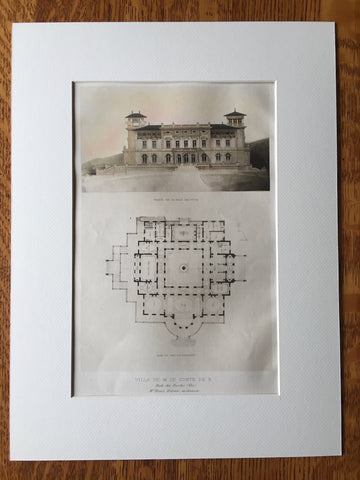 Villa, Facade and Ground Floor Plan, France, 1895, Hand Colored Original -