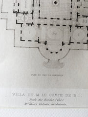 Villa, Facade and Ground Floor Plan, France, 1895, Hand Colored Original -