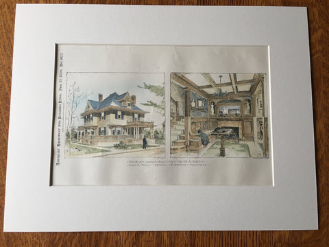 House for M K Green, Jamaica Plain, Boston, MA, 1896, Hand Colored Original -